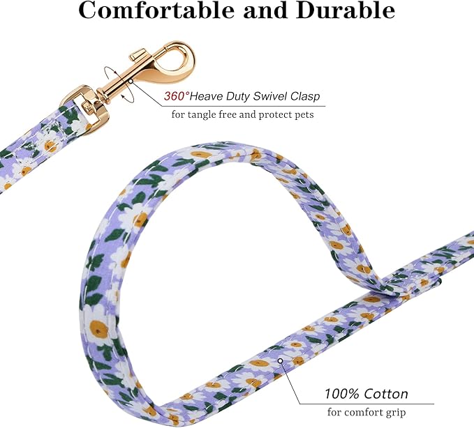 CHEDE No Pull Floral Pattern Dog Harness - Lightweight and Soft, Adjustable Small Dog Harness and Leash Set, with Dog Leash, Suitable for Puppy to Medium-Sized Dog (M, Purple Daisy)