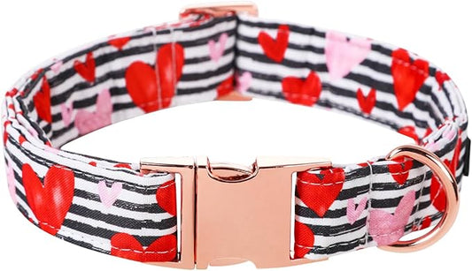 Lionet Paws Valentine Dog Collar, Heavy-Duty Cute Red Heart Pattern Fabric Pet Collar with Metal Buckle for Puppy and Cats, X Small, Neck 8-12 inches