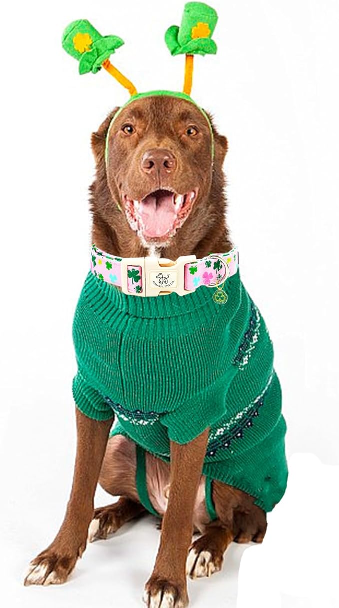 Elegant little tail St Patrick's Dog Collar-Lucky Colver Cotton Shamrock Pet Collar Trefoil Holiday Adjustable Cotton Pet Collar with Quick Release Buckle for Small Medium Large Dogs
