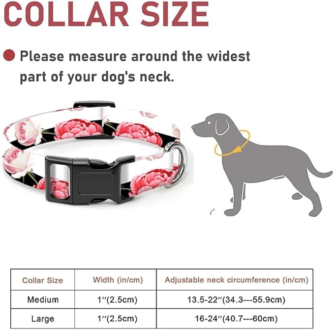 Dog Collar, Cute Dog Collar for Small Medium Large Dogs, Personalized Adjustable Soft Pet Collars with Quick Release Buckle for Walking Running, Black White Red Flowers