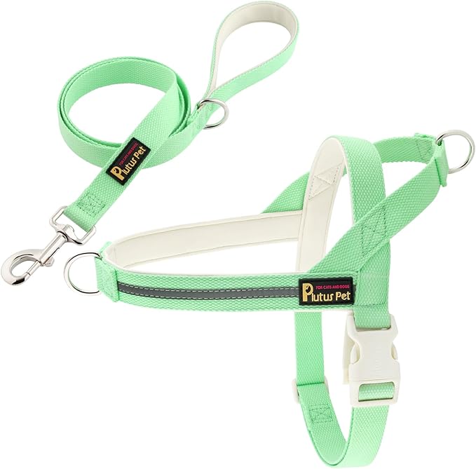 Plutus Pet Cotton Dog Harness and Leash Set, Reflective and Soft Padded, Quick Fit Vest Harness, for Small, Medium and Large Dogs, Light Green, S