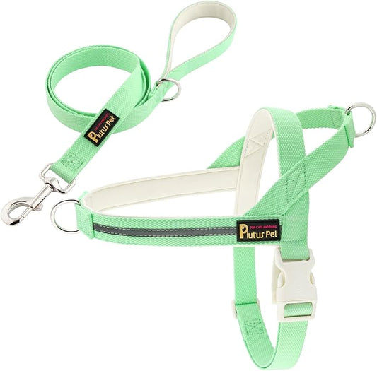 Plutus Pet Cotton Dog Harness and Leash Set, Reflective and Soft Padded, Quick Fit Vest Harness, for Small, Medium and Large Dogs, Light Green, XXS
