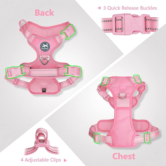 PoyPet No Pull Dog Harness, No Choke Reflective Dog Vest, Adjustable Pet Harnesses with Easy Control Padded Handle for Small Medium Large Dogs(Light Pink Matching Trim,S)