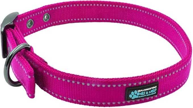 Max and Neo MAX Reflective Metal Buckle Dog Collar - We Donate a Collar to a Dog Rescue for Every Collar Sold (Medium, Pink)