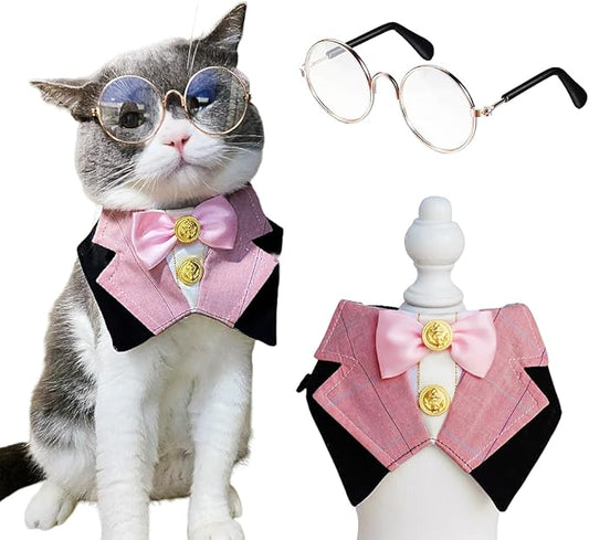 Dog & Cat Formal Wedding Bandana Collar with Bow Tie & Sunglasses (Pink)