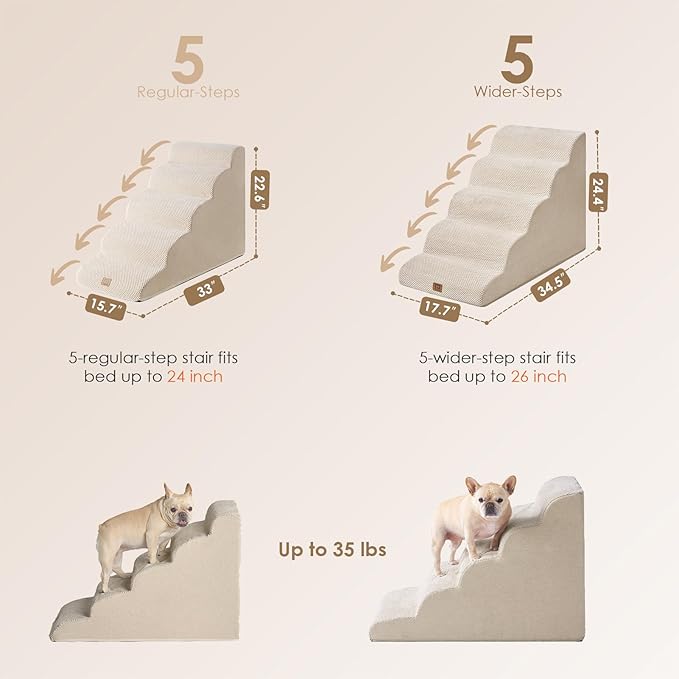 EHEYCIGA Curved Dog Stairs Ramp for High Beds, 5-Step Extra Wide Dog Steps for Small Dogs and Cats, Pet Stairs for High Bed Climbing, Non-Slip Balanced Pet Step Indoor, Beige
