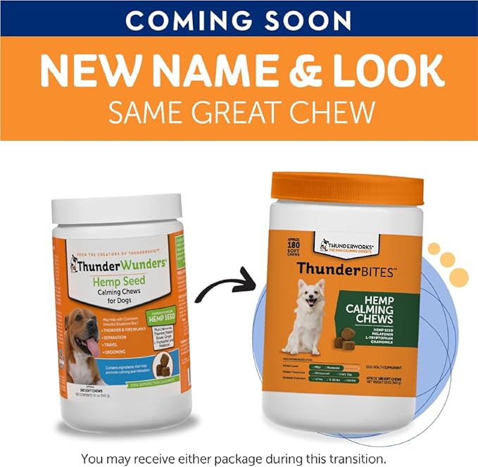 ThunderWunders Hemp Dog Calming Chews | Vet Recommended for Situational Anxiety | Fireworks, Thunderstorms, Travel & More | Made with Hemp Seed, Thiamine, L-Tryptophan, Melatonin & Ginger (180 Count)