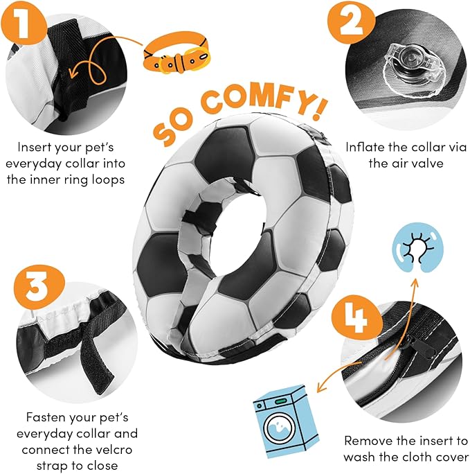 BENCMATE Protective Inflatable Collar for Dogs and Cats - Soft Pet Recovery Collar Does Not Block Vision (Soccer, Medium)