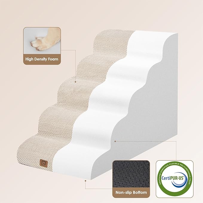 EHEYCIGA Curved Dog Stairs Ramp for High Beds, 5-Step Extra Wide Dog Steps for Small Dogs and Cats, Pet Stairs for High Bed Climbing, Non-Slip Balanced Pet Step Indoor, Beige