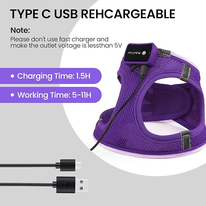 PceoTllar Light Up Dog Harness, LED No Pull Reflective Dog Harness, Flashing Lighted for Night Walking - Small/Medium, (Purple,M)