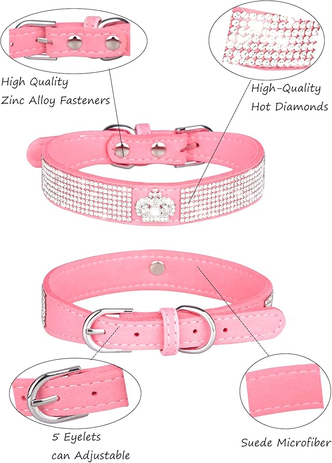 Dog Collar for Small Dogs, Adjustable Leather Suede Bling Dog Collars，Pink Dog Collar Cat Collar, Rhinestone Dog Collar (S, pink3)