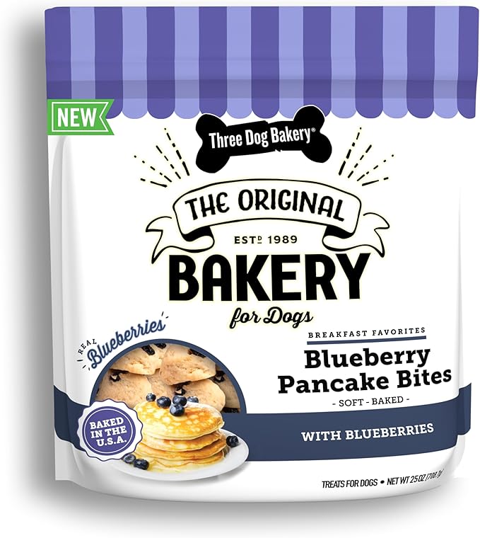 Three Dog Bakery Blueberry Pancake Bites - Dog Treats with Real Blueberries & Vanilla, Dog Training Treats, Puppy Treats, Dog Treat Cookies
