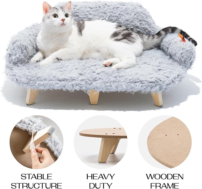 MEWOOFUN Removable Washable Cover Cat Bed - 26"x18.3"x8.5" Elevated Wooden Pet Sofa for Cats & Small to Medium Dogs, Modern Pet Furniture (Grey)