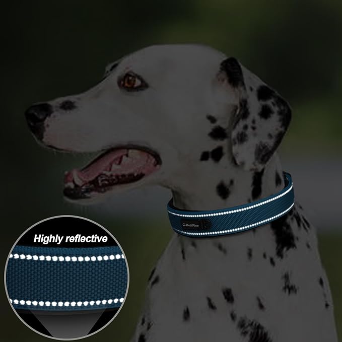 PetiFine Neoprene Padded Dog Collar, Heavy Duty Comfort Dog Collar with Durable Metal Buckle, Reflective Adjustable Belt Buckle Dog Collars for Small Medium Large Dogs(19''-23'', Blue