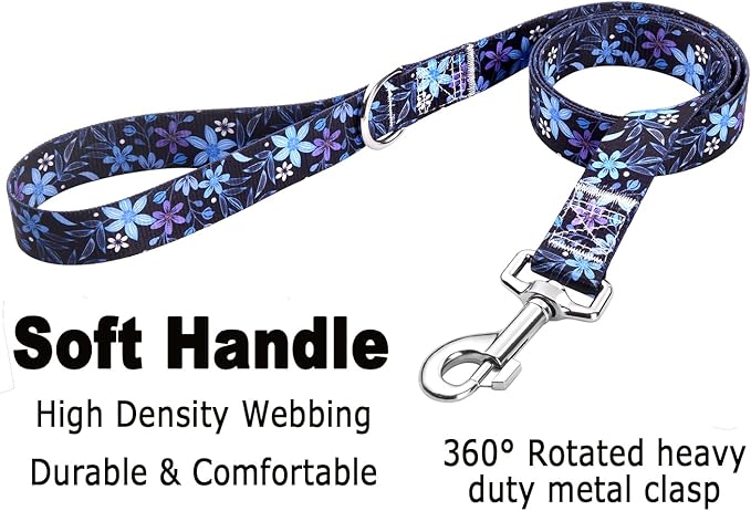 Dog Collar and Leash Set with Bohemia Floral Tribal Geometric Patterns - Soft Ethnic Style Collar Adjustable for Small Medium Large Dogs(Blue Floral Set,L)