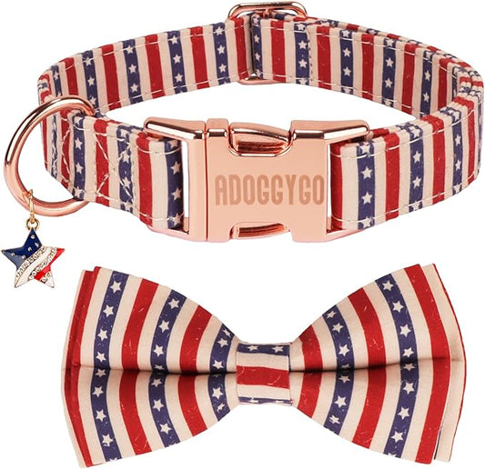 ADOGGYGO American Flag Dog Collar with Bow, Detachable Striped Star Bow, Metal Buckle, Adjustable Patriotic 4th of July Collars for Small Dogs Boy Girl Male Female (X-Small)