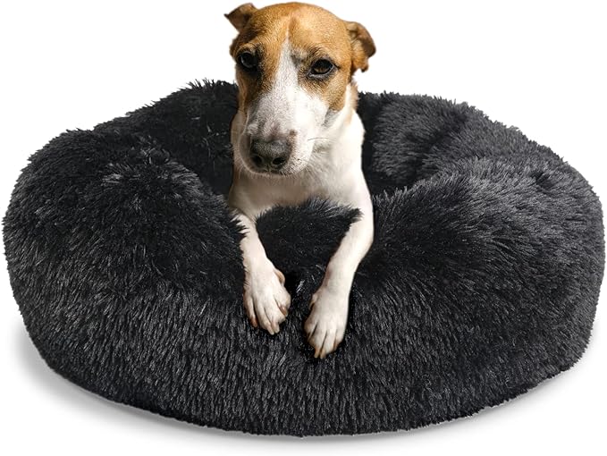 Round Dog Beds for Medium Dogs Fluffy and Soft Pet Bed Faux Fur fit 30lbs Puppy or Cats,30 Inches Black