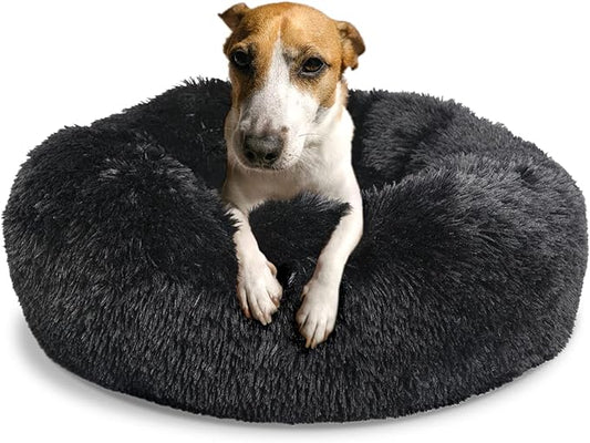 Round Dog Beds for Medium Dogs Fluffy and Soft Pet Bed Faux Fur fit 30lbs Puppy or Cats,30 Inches Black