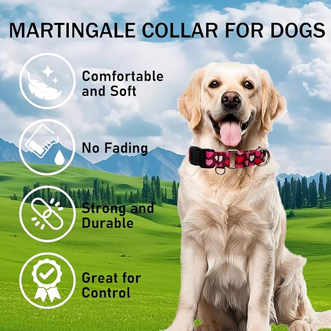 Valentines Pink Martingale Collar for Dogs with Buckle Adjustable Heart Dog Collars (Burgundy Love, Small)