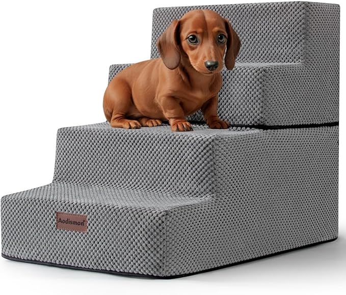 Dog Stairs for Small Dogs & Cats, 4-Step Non-Slip Pet Steps for Beds & Couches, Grey, 18.5" H