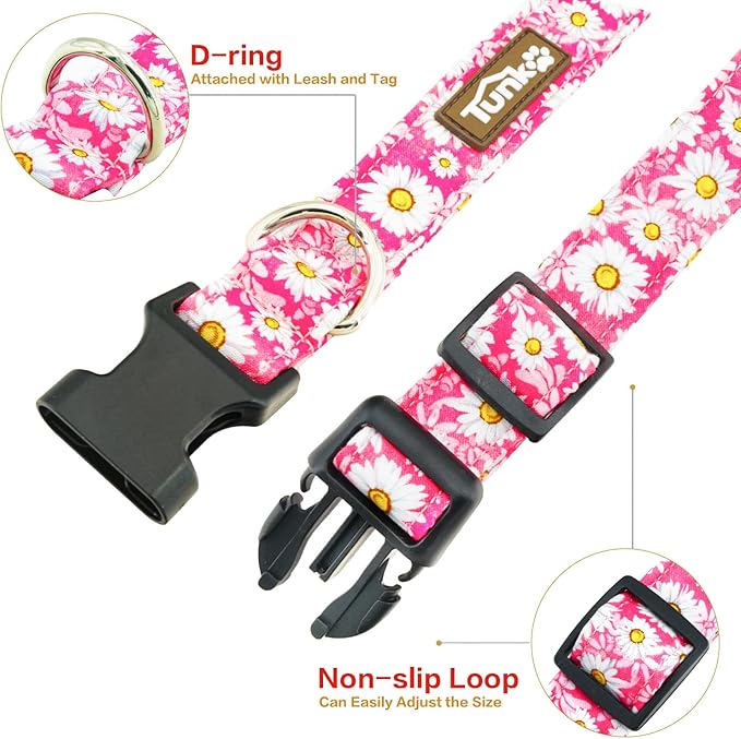 Tunkoo Pink Daisy Dog Collar, Cute Adjustable Premium Cotton Collar Durable Plastic Buckle for Small Medium Large Boys Girls Dogs, M