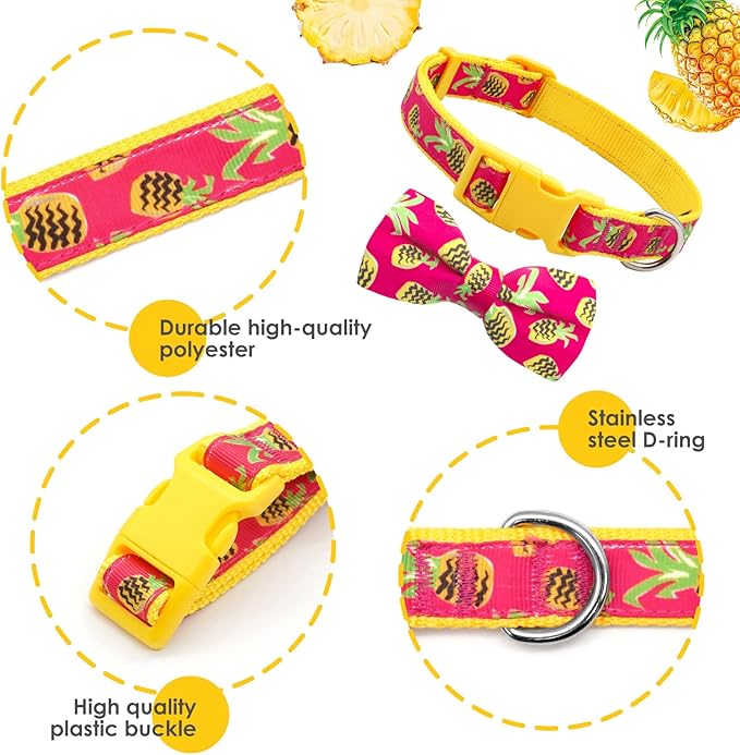 azuza Pineapple Bowtie Dog Collar, Soft & Comfy Dog Collar with Bow, Fun Patterns & Bright Color for Extra Small Dogs