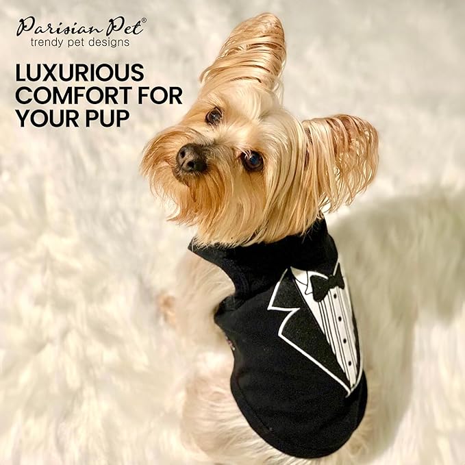 Parisian Pet Dog Tshirt - Embroidered “ Tuxedo“ Tank Top - 100% Cotton and Lightweight Dog Clothes - Sleeveless Machine Washable Black Tee Shirts for Small Dogs - Pet Vest - XXS