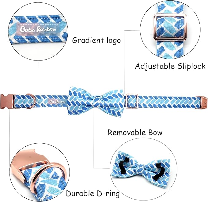 Dog Collar, Blue Print Adjustable Dog Bow Collar Boy Pet Collar Dog Bowtie Duarble Dog Collars for Small Medium Large Dogs