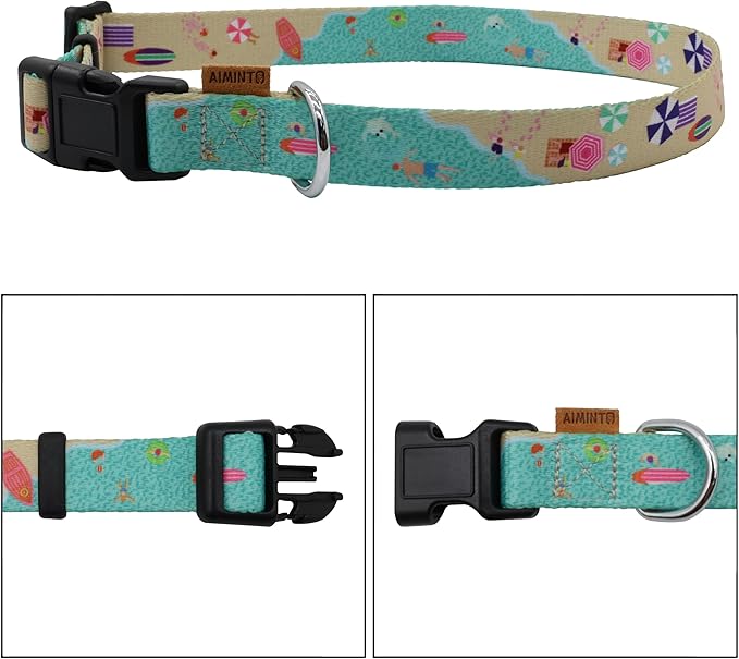 Dog Collar, Cute Holiday in Beach Pattern, Soft and Adjustable Collar with Quick Release Buckle (XS (Neck 9-13", Width 3/8"), Beach Green)