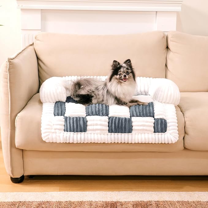 FUNNY FUZZY Pet Couch Covers for Sofa, Dog Couch Cover Protector 27.56×25.59" Cozy Cream Plaid Washable Pet Bed Mat for Furniture Sofa Cover for Dogs Cats, Small, Muted Grey