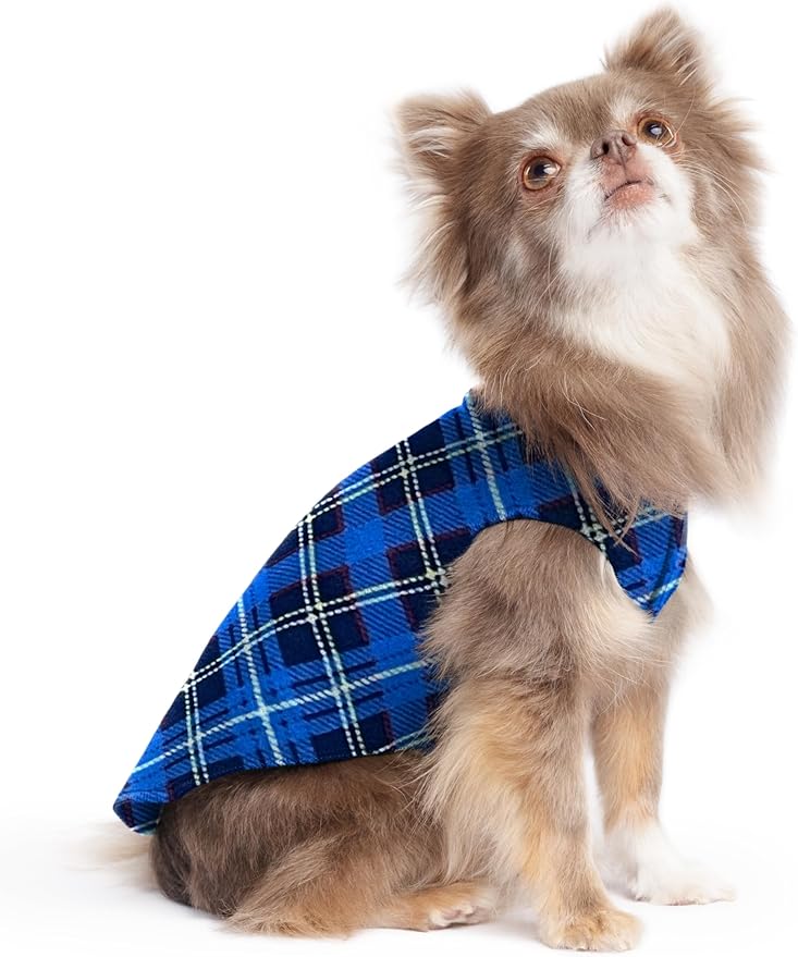 Stretch Fleece Dog Coat, Stretchy Pet Sweater, Machine Washable Pullover for Winter and Fall, Blue Plaid, 6
