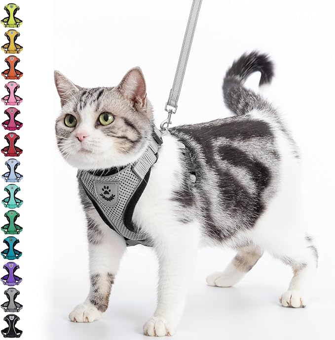 PUPTECK Cat Harness and Leash Set Escape Proof Reflective Cat Walking Harness Adjustable Soft Breathable Mesh Vest for Small Pets, Grey, M