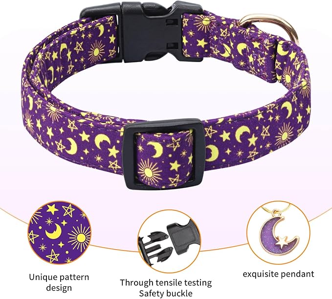 Cotton Dog Collar,Adjustable Cute Puppy Collar with Moon Patterned Design for Small Medium Large Dogs,Soft and Fancy Pet Collar with Safety Buckle for Girl Boy Dogs (Purple Moon, S)