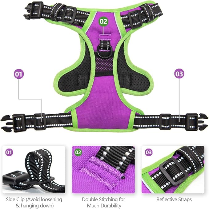 PHOEPET 2019 Upgraded No Pull Dog Harness, Reflective Adjustable Vest, with a Training Handle + 2 Metal Leash Hooks+ 3 Snap Buckles +4 Slide Buckles(S, Purple)