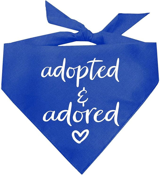 Adopted and Adored Dog Bandana | 100% Cotton Adjustable Triangle | Made in USA | Adoption Event Prop Photoshoot | Rescue | Royal One Size (380)