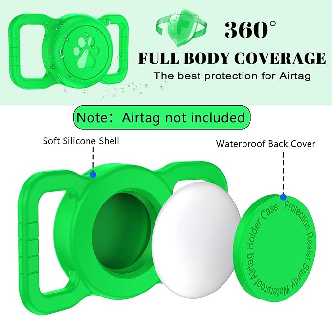 SANKALA Airtag Dog Collar Holder, [1 Pack] Waterproof Dog Airtag Holder, Silicone Full Body Covered Anti-Lost Protective Apple Air Tag Holder for Pet Collar - Fits All Width Collars, Green