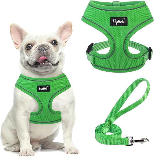 PUPTECK Soft Mesh Dog Harness and Leash Set Pet Puppy Cat Comfort Padded Vest No Pull Harnesses, Solid Green, S
