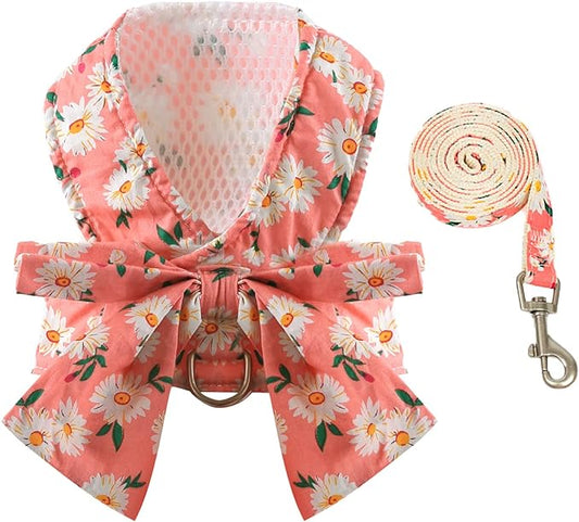 BAEJMJK Dog Harness and Leash Set with Bow Knot No Pull Pet Daisy Floral Harness with D-Ring Soft Mesh Dog Harness Vest Set Escape Proof Princess Puppy Harness for Small Girl Dogs Cats（Pink S）