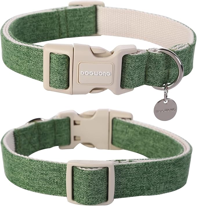 DOGWONG Cotton Hemp Dog Collar - Heavy-Duty Green Adjustable Soft Natural Fabric Pet Collar, Cute Wedding Puppy Necklace for Small Medium Large Dogs