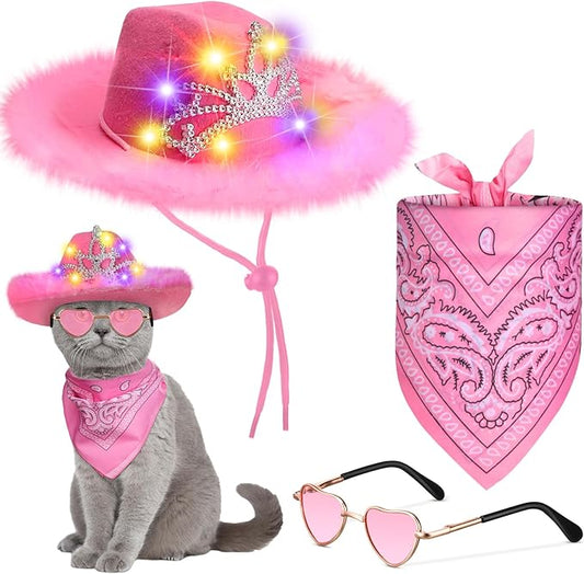 Aliceset 3 Pcs Pet Cowboy Costume Cat Cowboy Accessories Set Neon Sparkly Dog Cowboy Hat Paisley Bandanna Collar and Sunglasses LED Light up Western Small Cat Dog Cowgirl Costume(Pink, Crown)