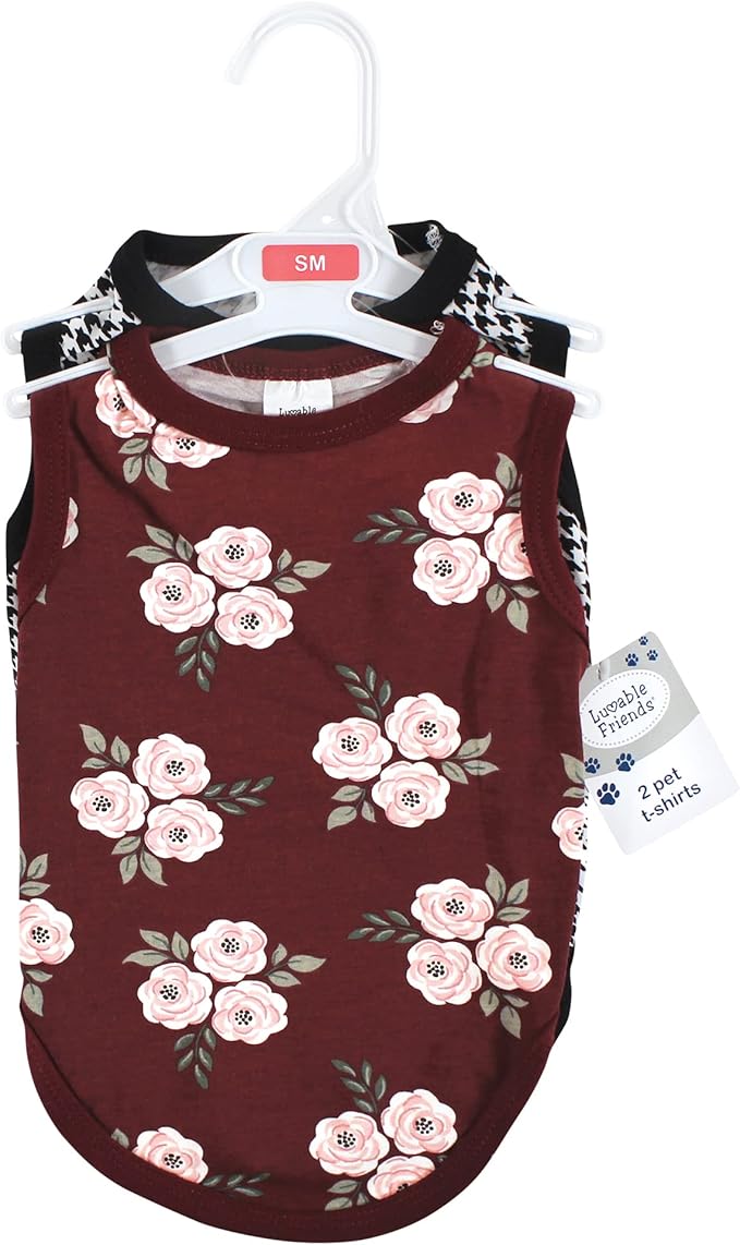 Luvable Friends Dog Pet Dog and Cats Cotton T-Shirts 2pk, Burgundy Floral Houndstooth, Large
