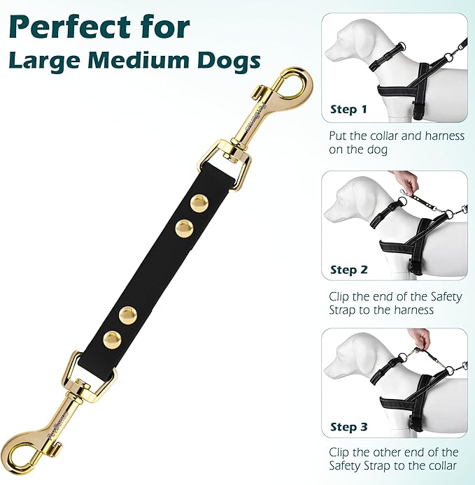 PetBonus Dog Collar Safety Clip, Waterproof Backup Safety Strap for Dog Harness to Prong Collar, Odor Proof Double Ended Clasp Leash Connector for Training Walking (Black)