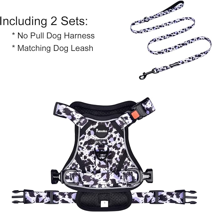 Petmolico No Pull Dog Harness and Leash Set, No Choke 4 Leash Attchments Easy Control Handle Soft Padded Reflective Vest Dog Harness for Small Dog Breed, Purple Leopard Small