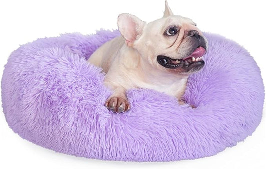 Purple Dog Bed Medium Size Dog 23 Inch Anti-Anxiety Donut Cuddler Bed, Warming Cozy Soft Fluffy Faux Fur Plush
