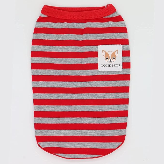 LOPHIPETS 100% Cotton Striped Dog Shirts for Small Dogs Chihuahua Puppy Clothes Tank Vest-Red and Gray Strips/XS