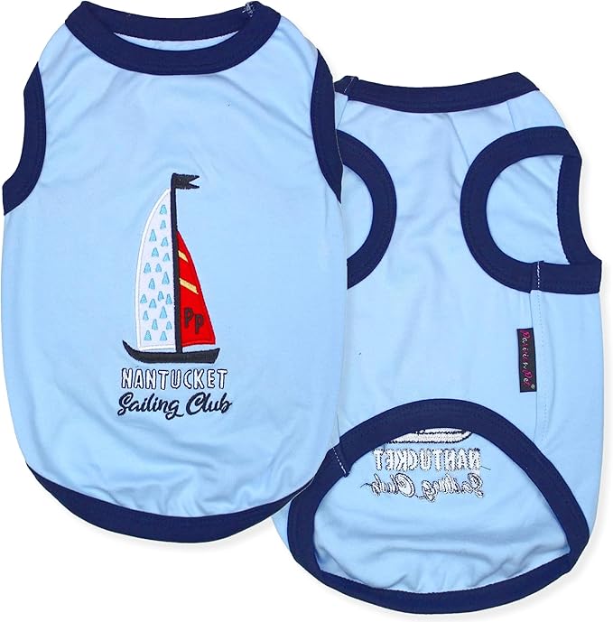 Parisian Pet Dog Tshirt - Embroidered “Sailing Club“ Lightweight Tank Top - 100% Cotton Dog Summer Clothes - Sleeveless Tee Shirts for Large Dogs - Pet Vest - L