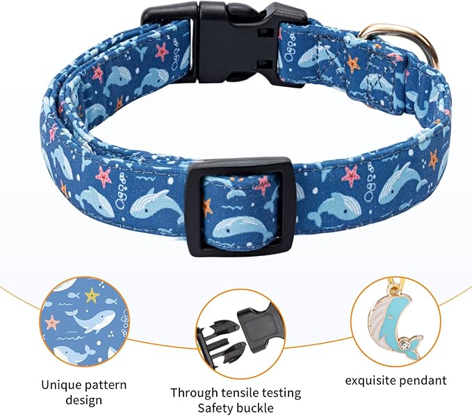 Cotton Dog Collar,Adjustable Cute Puppy Collar with Moon Patterned Design for Small Medium Large Dogs,Soft and Fancy Pet Collar with Safety Buckle for Girl Boy Dogs (Blue Whale, L)