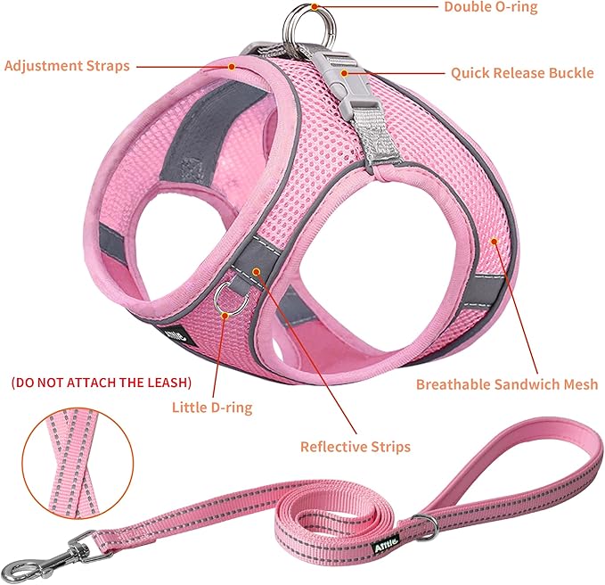 AIITLE Step in Dog Harness and Leash Set - Spring No Pull Escape Proof Vest Harnesses with Soft Mesh and Reflective Bands, Adjustable Pet Outdoor Harnesses for Small and Medium Dogs Pure Pink M