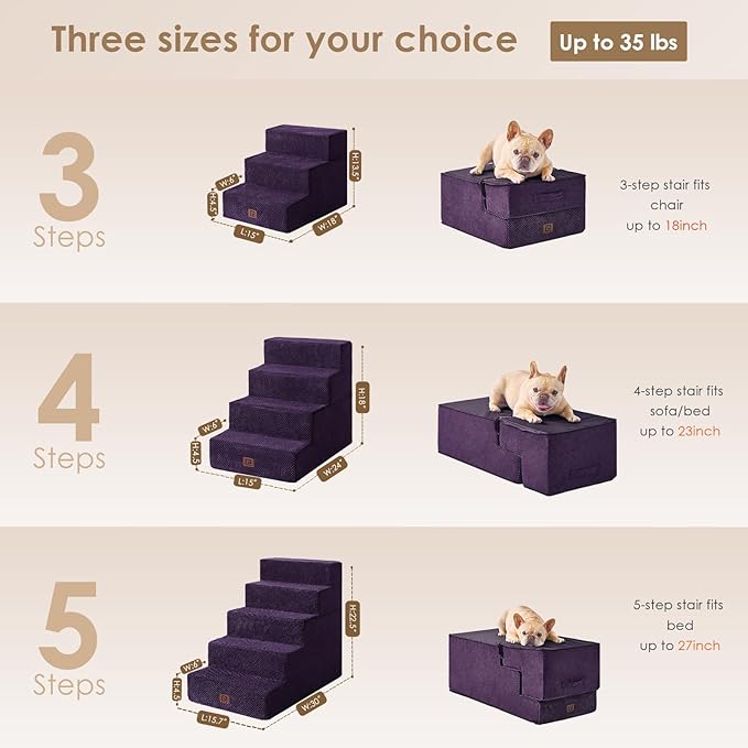 EHEYCIGA Dog Stairs for Bed 18”H, 4-Step Dog Steps for High Bed, Pet Steps for Small Dogs and Cats, Non-Slip Balanced Pet Ramp Indoor, Purple