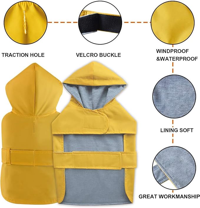 Dog Raincoat Small Dog Rain Jacket Poncho Waterproof Pet Rain Suit Double Layer Cotton Lining Hooded Leash Hole Adjustable Puppy Small Dogs Cats,Yellow,XS